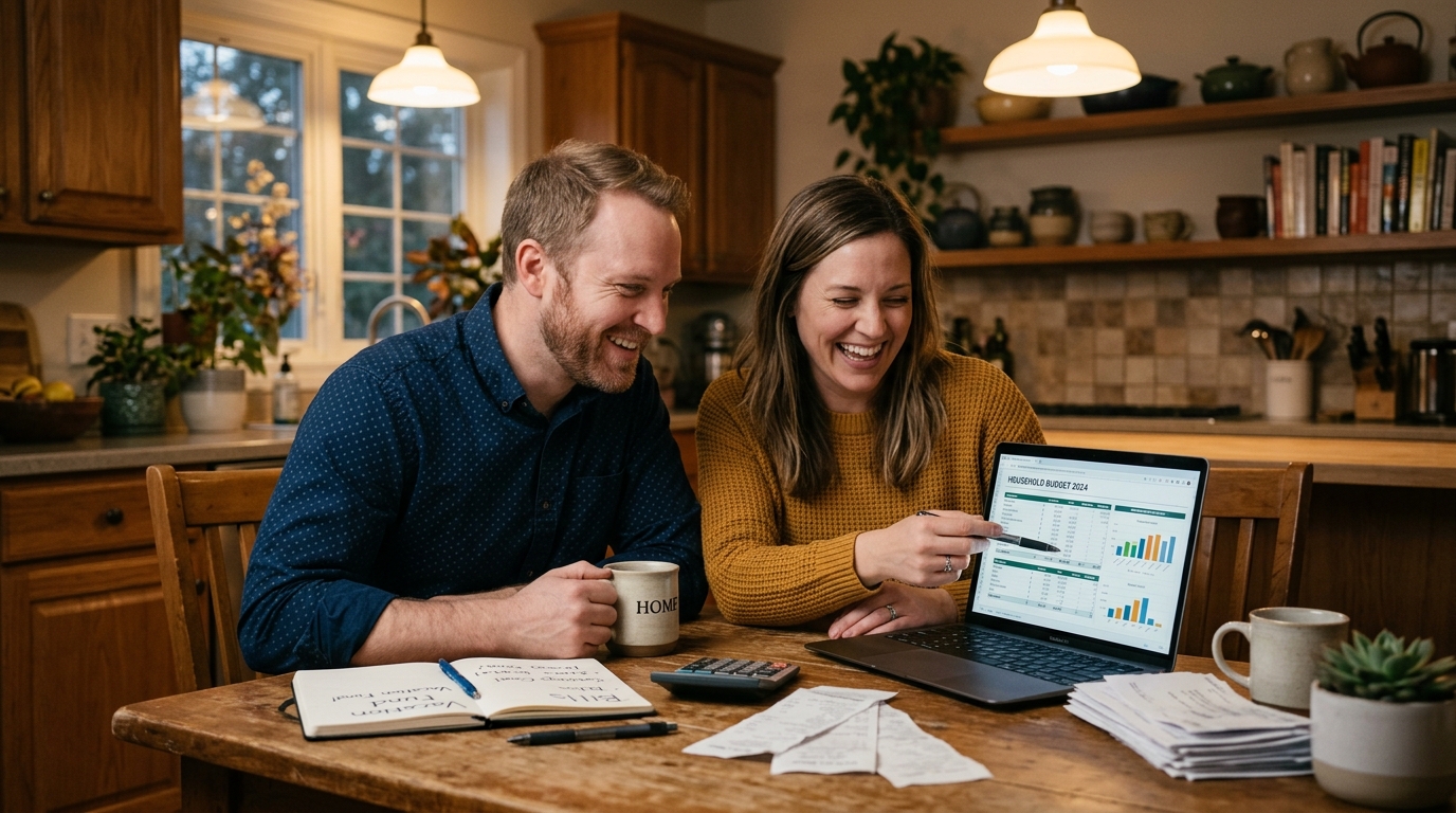 50 30 20 rule examples — family budget planning at kitchen table