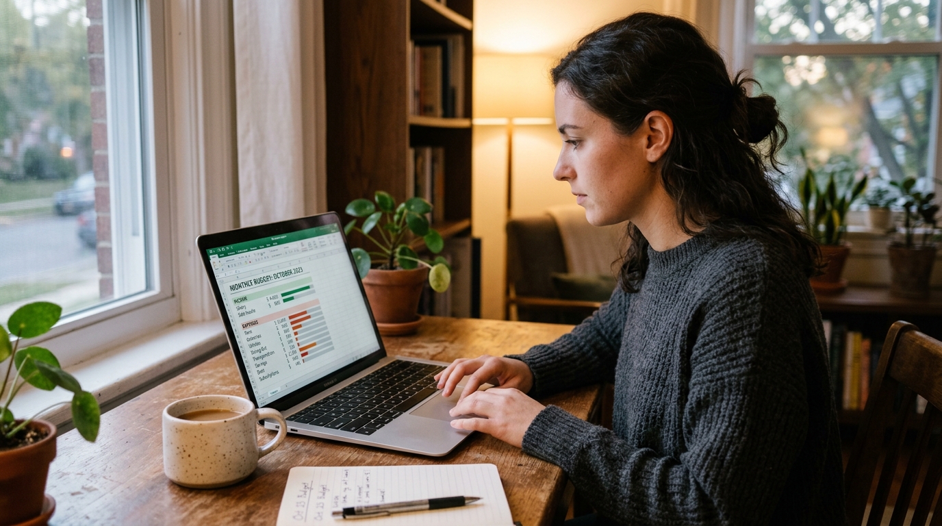 50 30 20 rule examples — monthly budget split on laptop