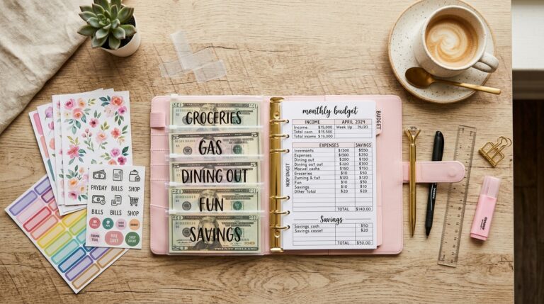 Aesthetic budget binder flat lay with cash envelopes planner stickers and coffee on wooden desk