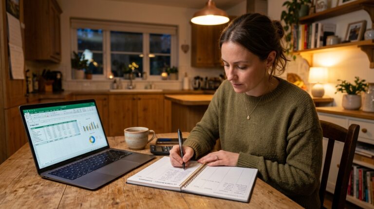 how to budget on 2000 a month — person planning monthly expenses at kitchen table