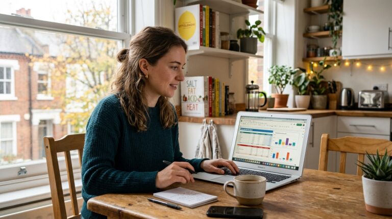 Young woman reviewing household budget spreadsheet on laptop at kitchen table