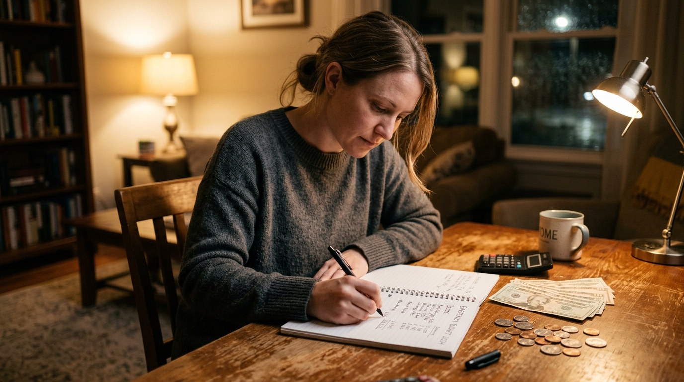 person writing emergency budget at desk with small amount of bills and coins