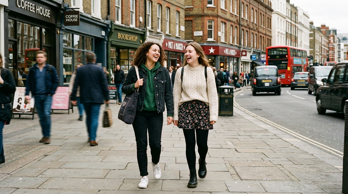 Two young friends laughing and walking on city street