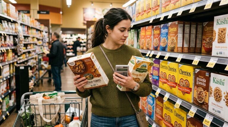 save money on groceries without coupons — comparing prices in store