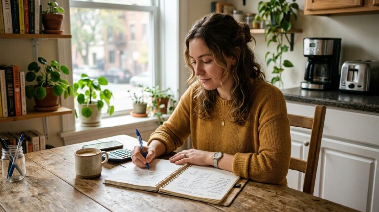 Young woman writing budget in notebook at kitchen table with coffee mug how to start a budget with no money