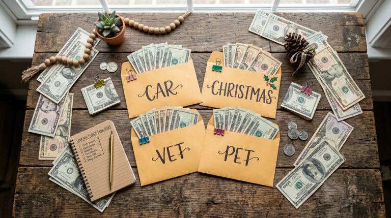 Sinking funds cash envelopes labeled Car Christmas Vet Pet with dollar bills on rustic wooden table
