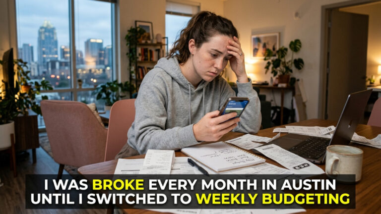 I Was Broke Every Month in Austin Until I Switched to Weekly Budgeting weekly budget Austin planning on laptop at coffee shop
