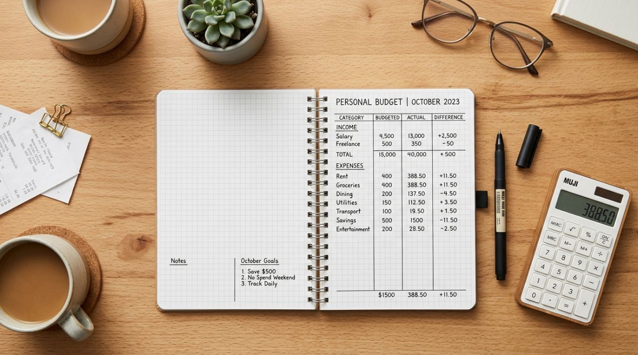 1500 a month budget breakdown — notebook with pen and calculator flat lay