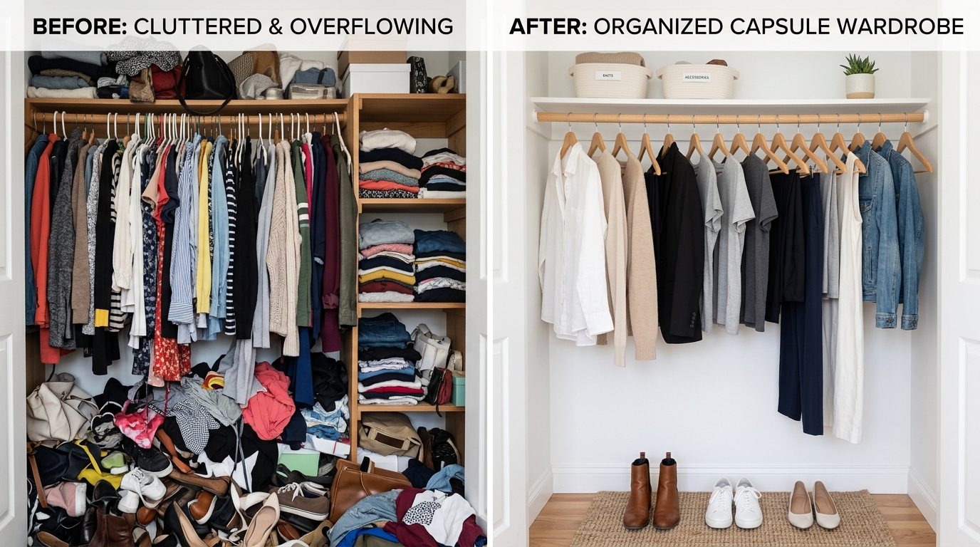 capsule wardrobe for beginners — before and after closet declutter comparison