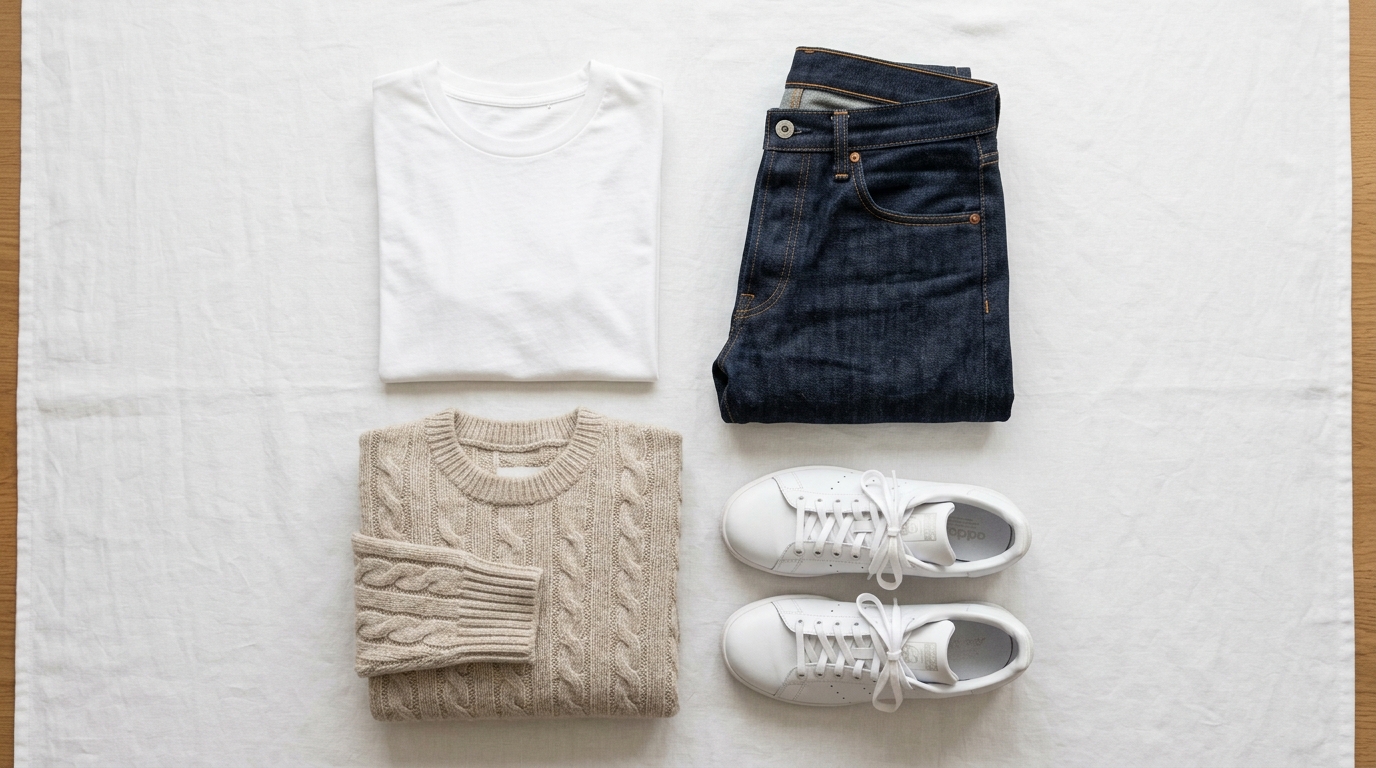 budget capsule wardrobe — neutral clothing flat-lay for beginners