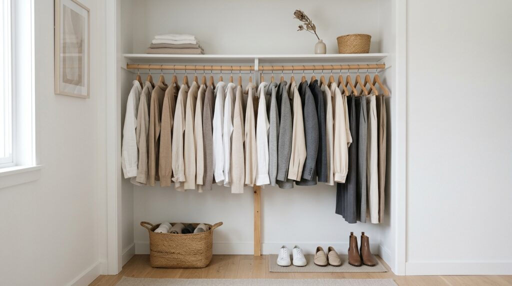 capsule wardrobe for beginners — organized minimalist closet with neutral basics