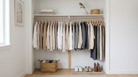 capsule wardrobe for beginners — organized minimalist closet with neutral basics