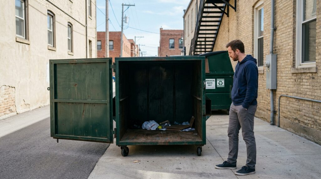 dumpster diving rules — person checking a dumpster legally in daylight