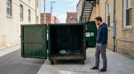 dumpster diving rules — person checking a dumpster legally in daylight