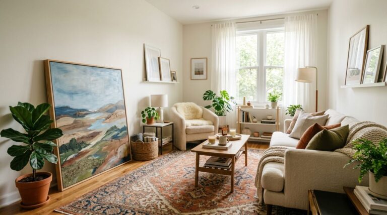 How to decorate a rental — cozy styled apartment living room with no wall damage
