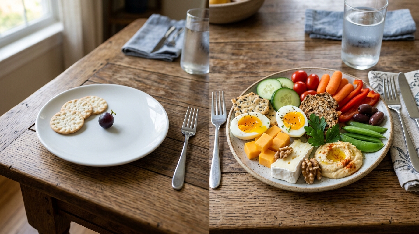 affordable girl dinner — balanced plate vs. too-small plate comparison