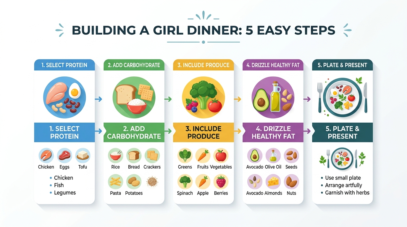 lazy dinner budget ideas — 5-step girl dinner formula infographic