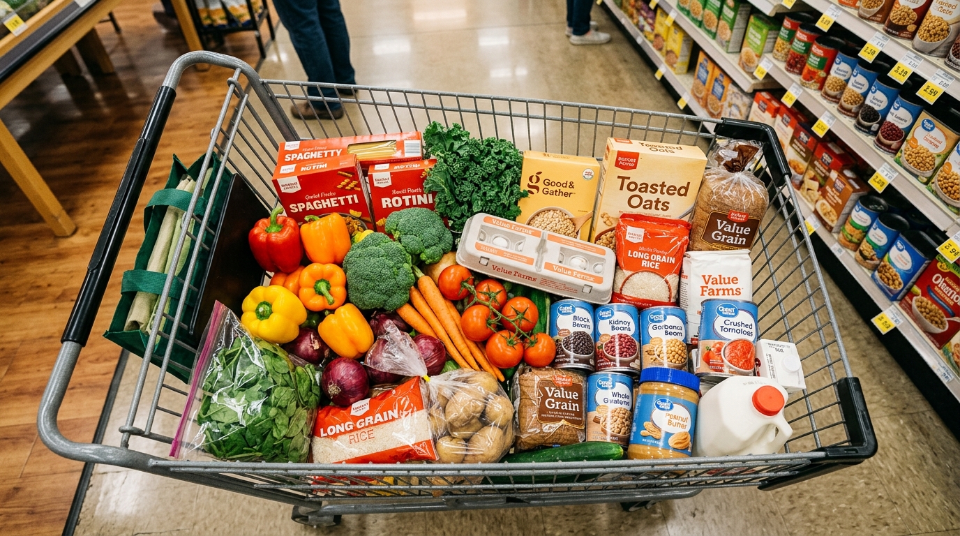 save money frugal lifestyle — smart grocery shopping with store-brand staples
