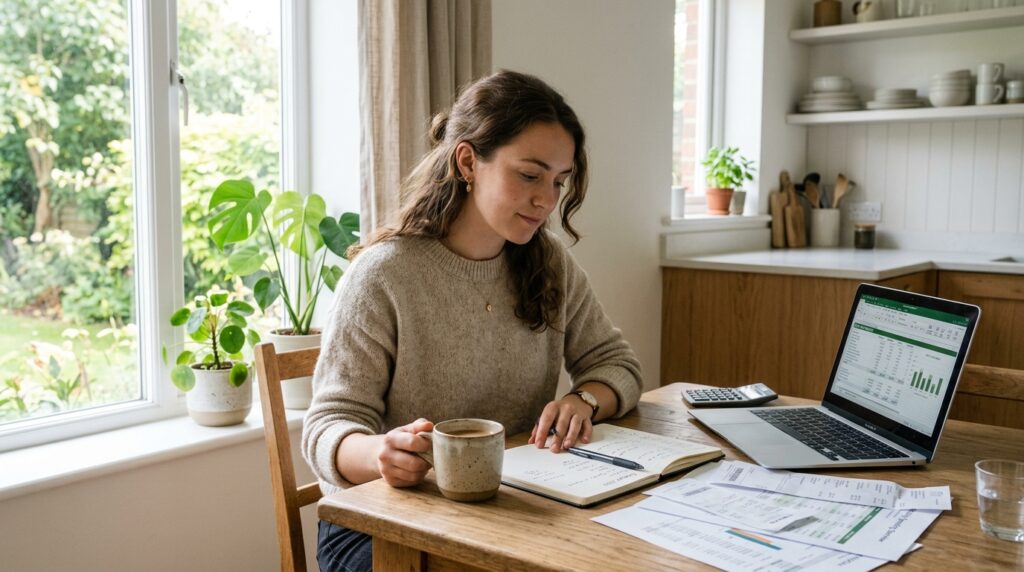 frugal living tips — person calmly reviewing a monthly budget at home