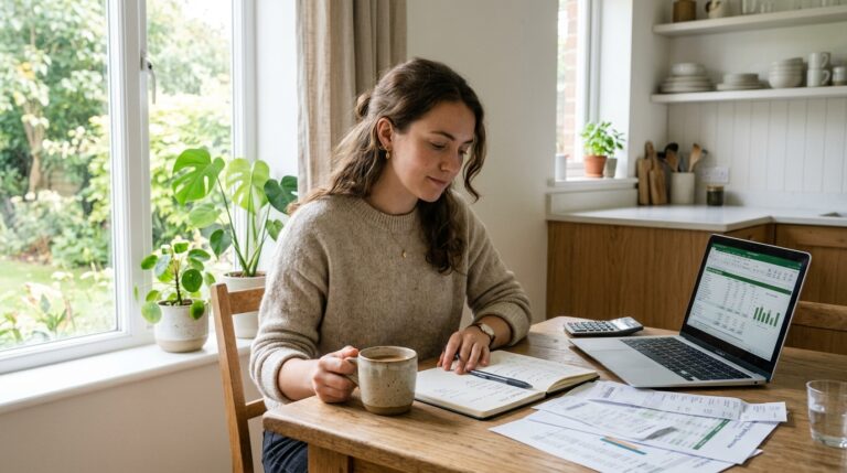 frugal living tips — person calmly reviewing a monthly budget at home