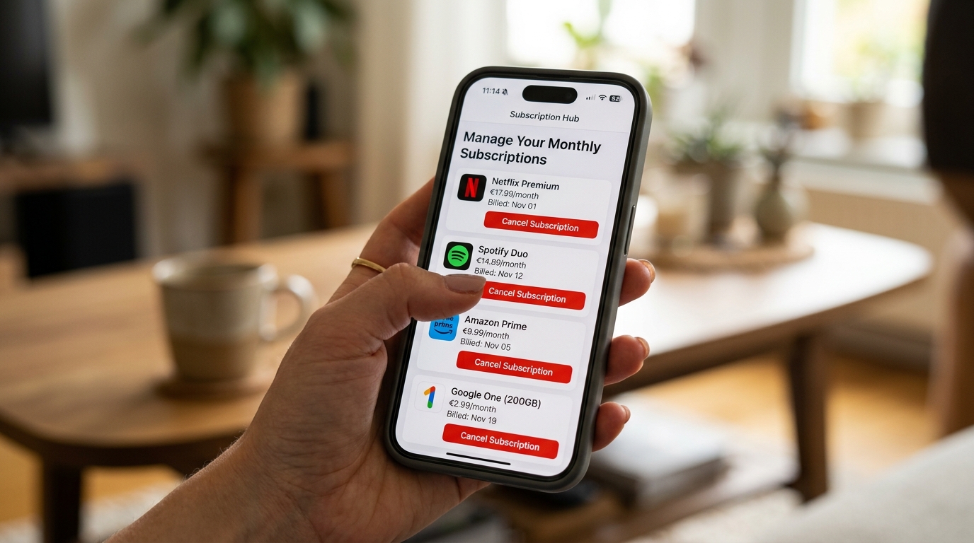 easy frugal living tips — auditing monthly subscriptions on a phone