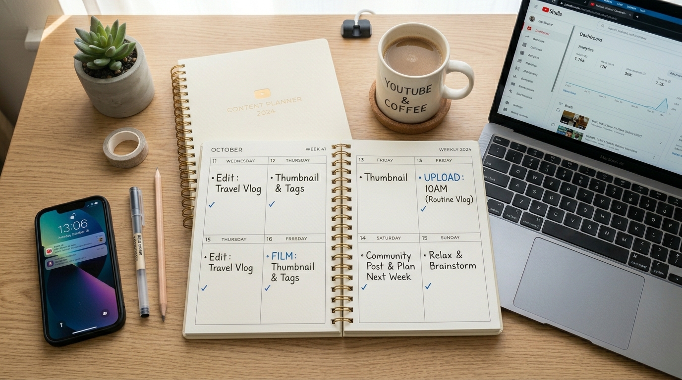 faceless YouTube planning — content calendar notebook with video ideas mapped across weeks