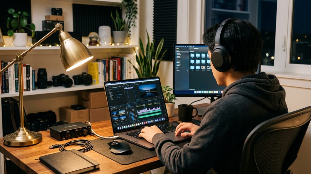 faceless YouTube channel ideas — anonymous content creator editing video at laptop