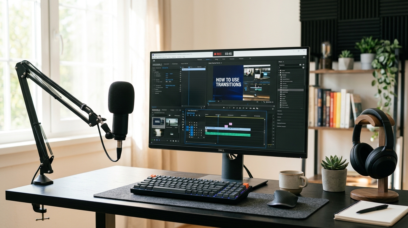 faceless YouTube tutorial channel — screen recording setup with USB microphone on desk