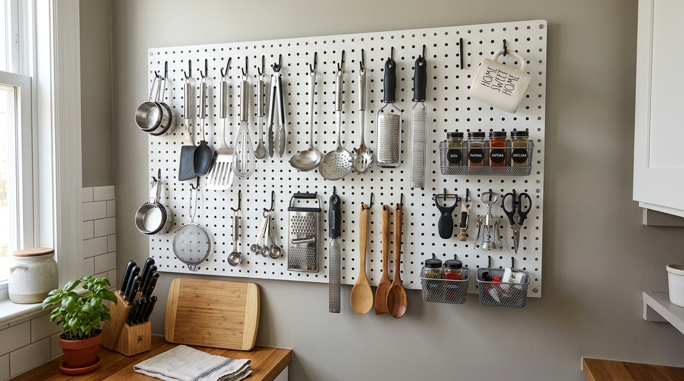 IKEA small space hacks USA — kitchen pegboard organization