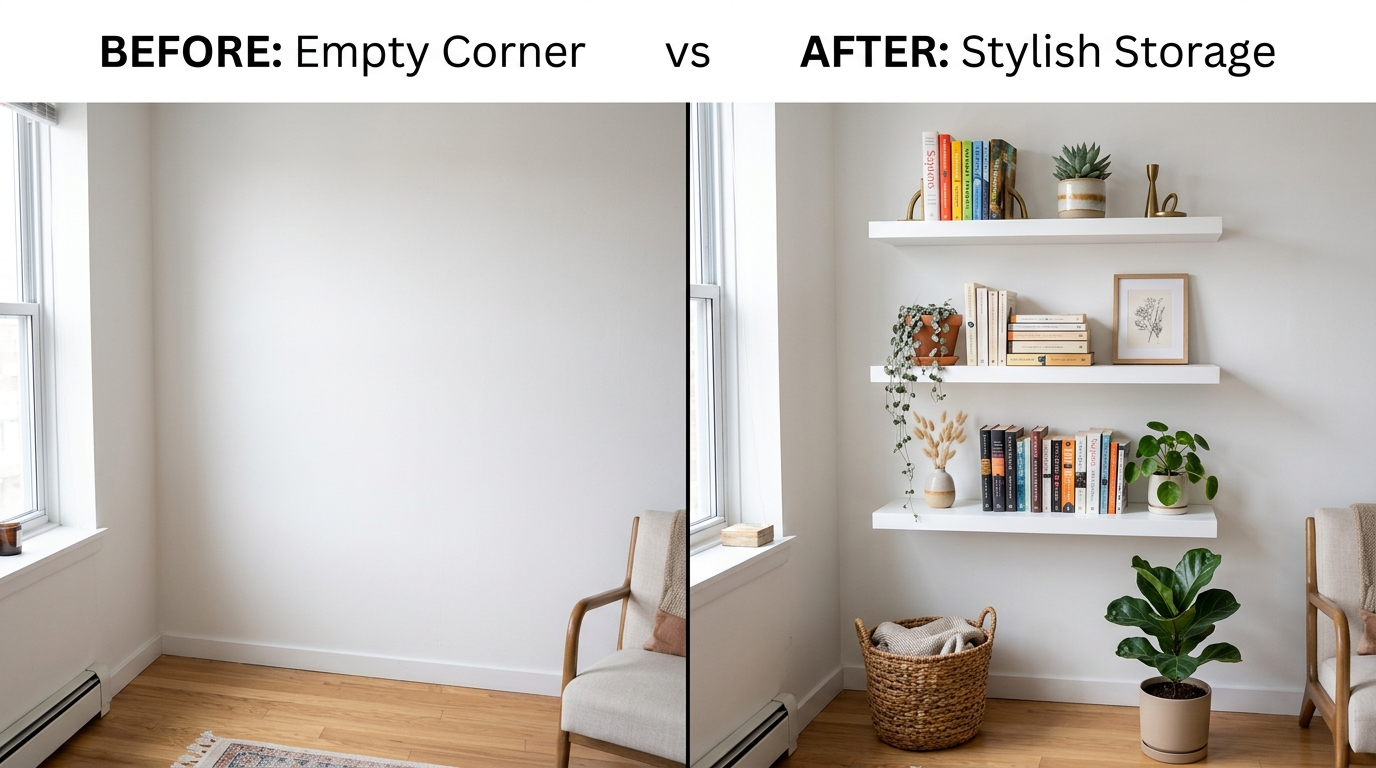 small apartment IKEA hacks — vertical wall storage before and after