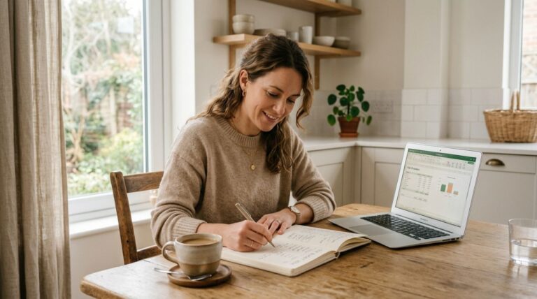 No buy year rules guide person reviewing budget notebook with coffee