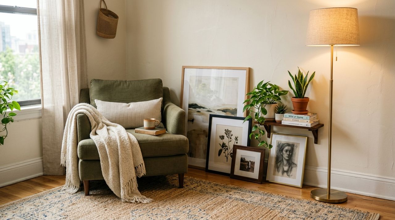 How to decorate a rental — styled apartment corner with rug and floor lamp