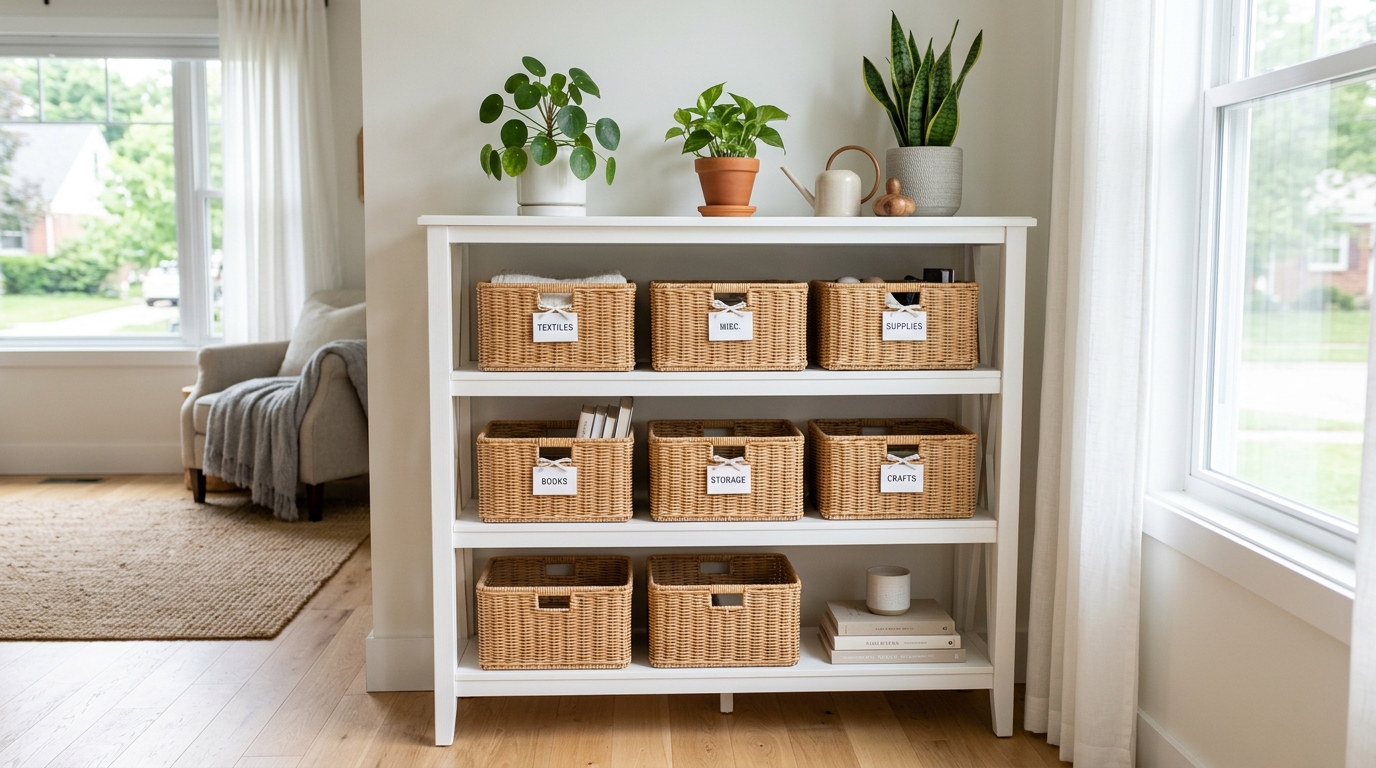 apartment organization hacks — matching storage baskets on a shelf