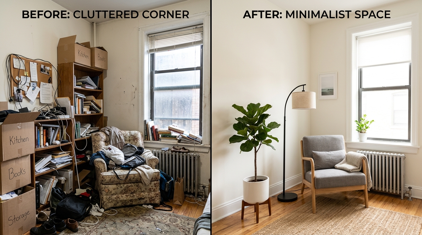 small apartment look bigger tips — before and after corner