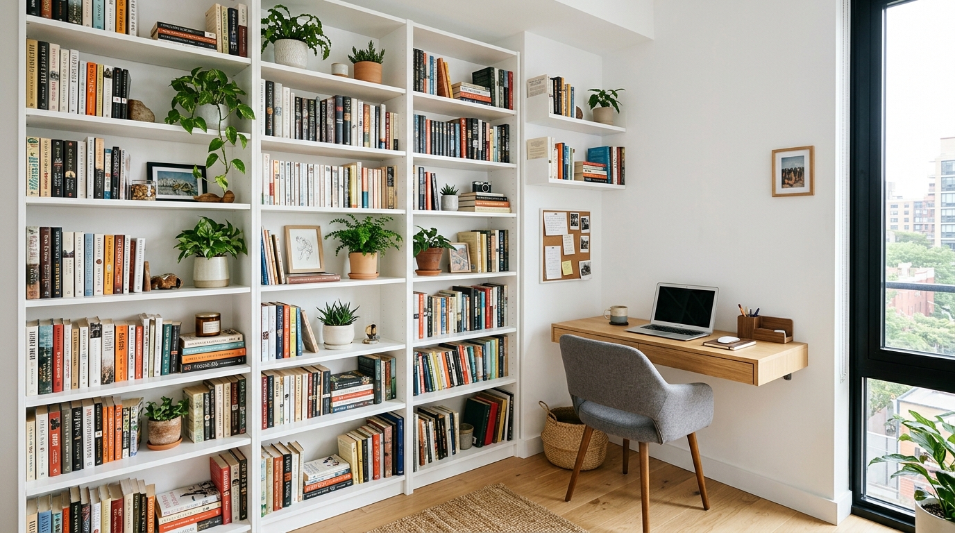 apartment space hacks USA — floor to ceiling shelves and floating desk