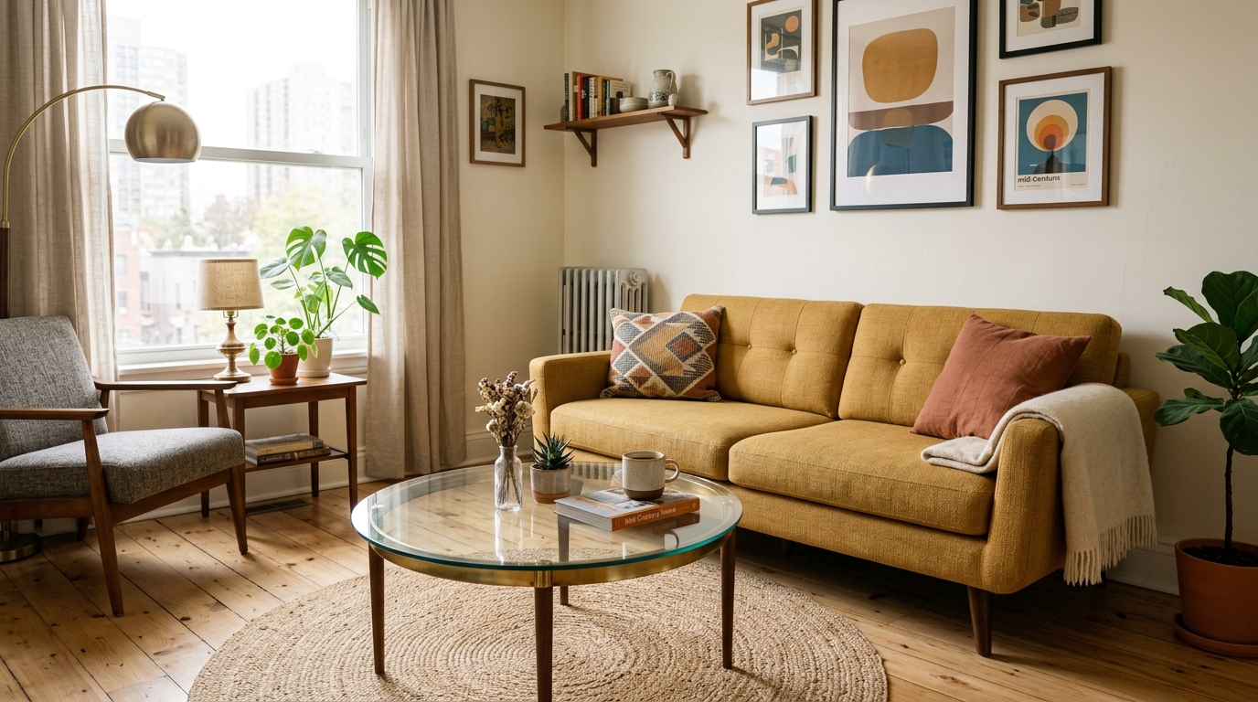 maximize apartment space — leggy sofa and glass table