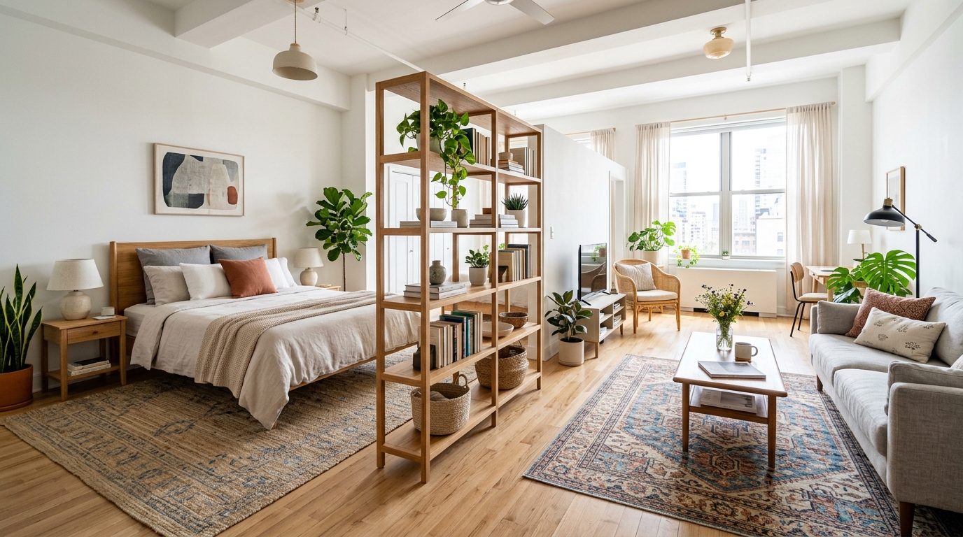 studio apartment feel larger — zoned rugs and open shelf divider