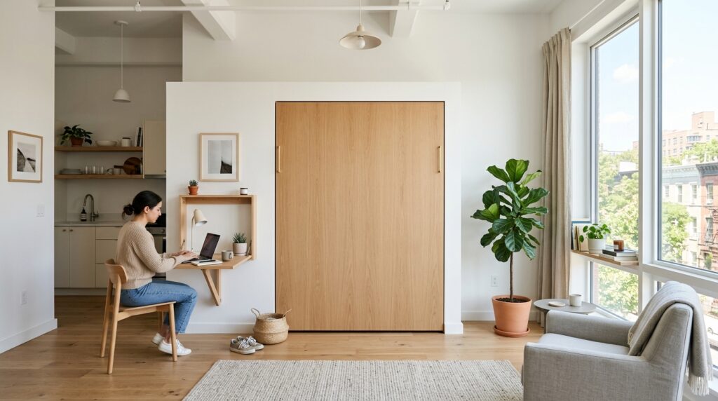 space saving furniture small apartment — multifunctional studio layout 2026