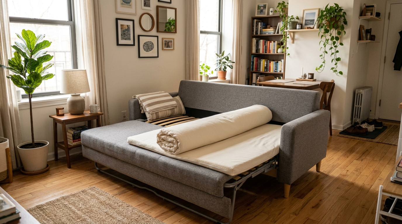 multi purpose furniture small space — sleeper sofa in studio apartment