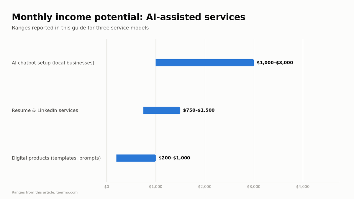 Range bar chart of monthly income potential for AI-assisted services: chatbot setup for local businesses $1,000–$3,000, resume and LinkedIn services $750–$1,500, digital products $200–$1,000.