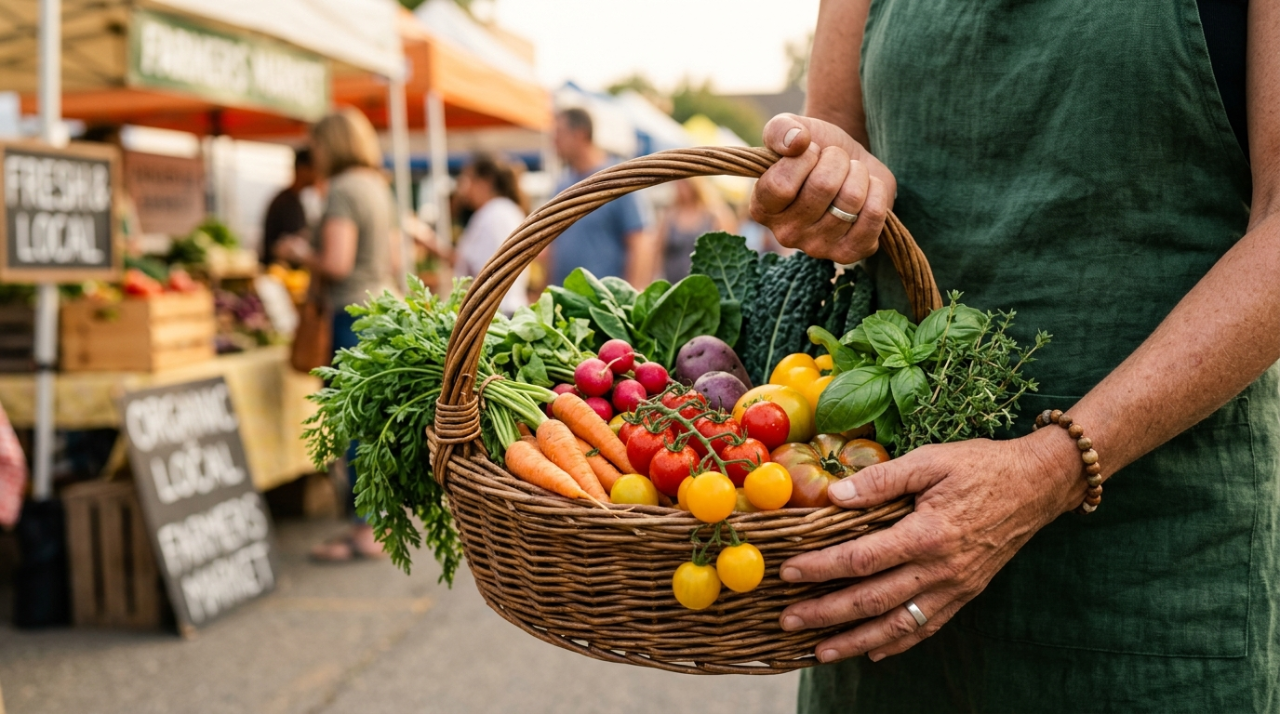 Hands holding a woven basket filled with fresh seasonal produce at an outdoor farmers market