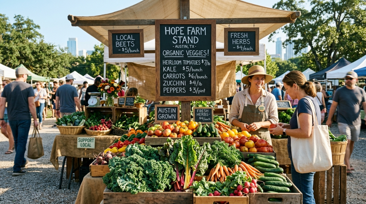Austin farmers market stall piled with fresh vegetables and handwritten chalkboard price signs in morning light