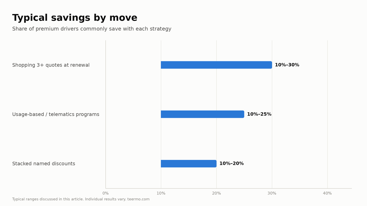 Range bar chart of typical car insurance savings: shopping three or more quotes 10 to 30 percent, usage-based telematics programs 10 to 25 percent, stacked discounts 10 to 20 percent.