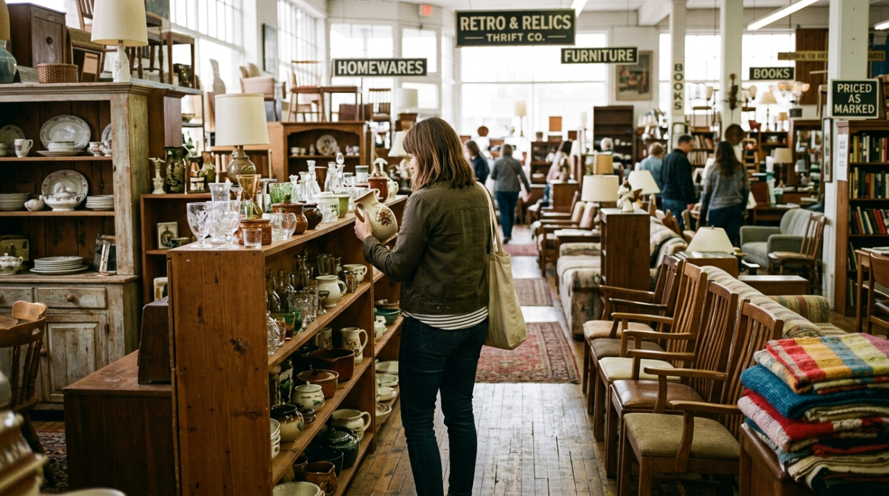 Shopper browsing the vintage furniture and housewares section of a thrift store in natural light