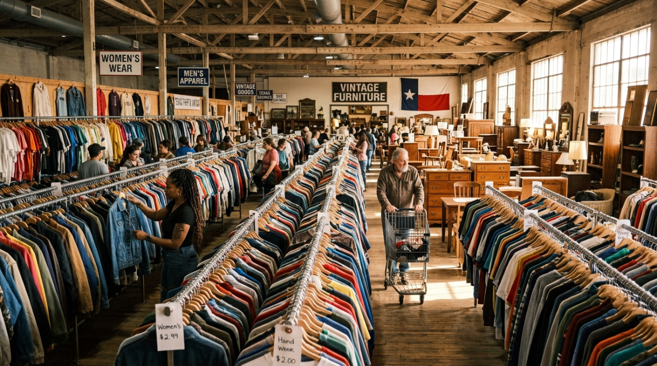 Racks of secondhand clothing inside a large Austin thrift store with vintage furniture in the background